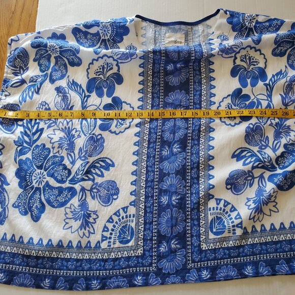 Umgee Floral Border Pattern Round Neck Short Sleeves Oversized Blouse Blue  L - Picture 10 of 14